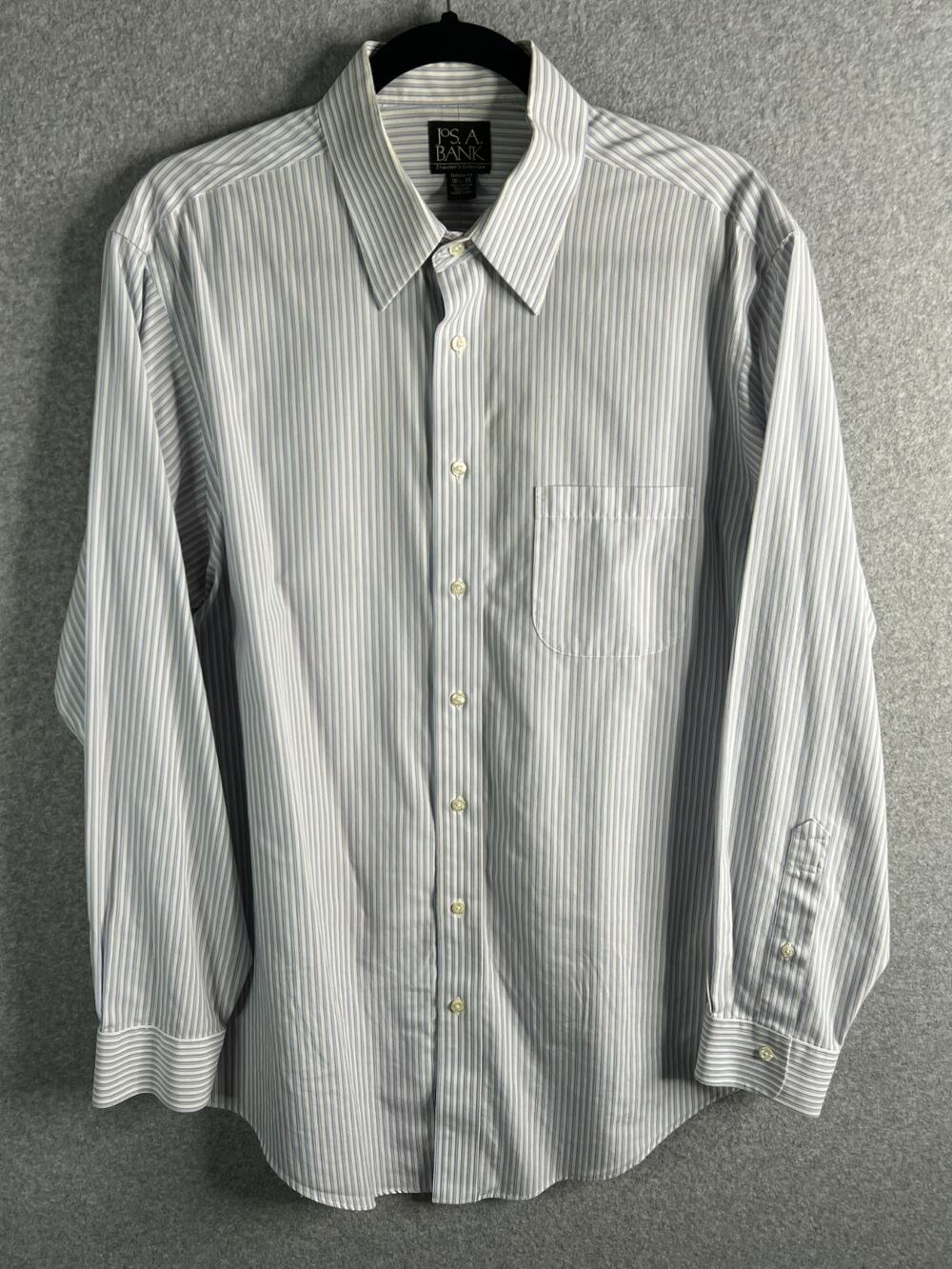 Jos A Bank Traveler Dress Shirt Mens 16.5 35 Blue Stripe Tailored Fit